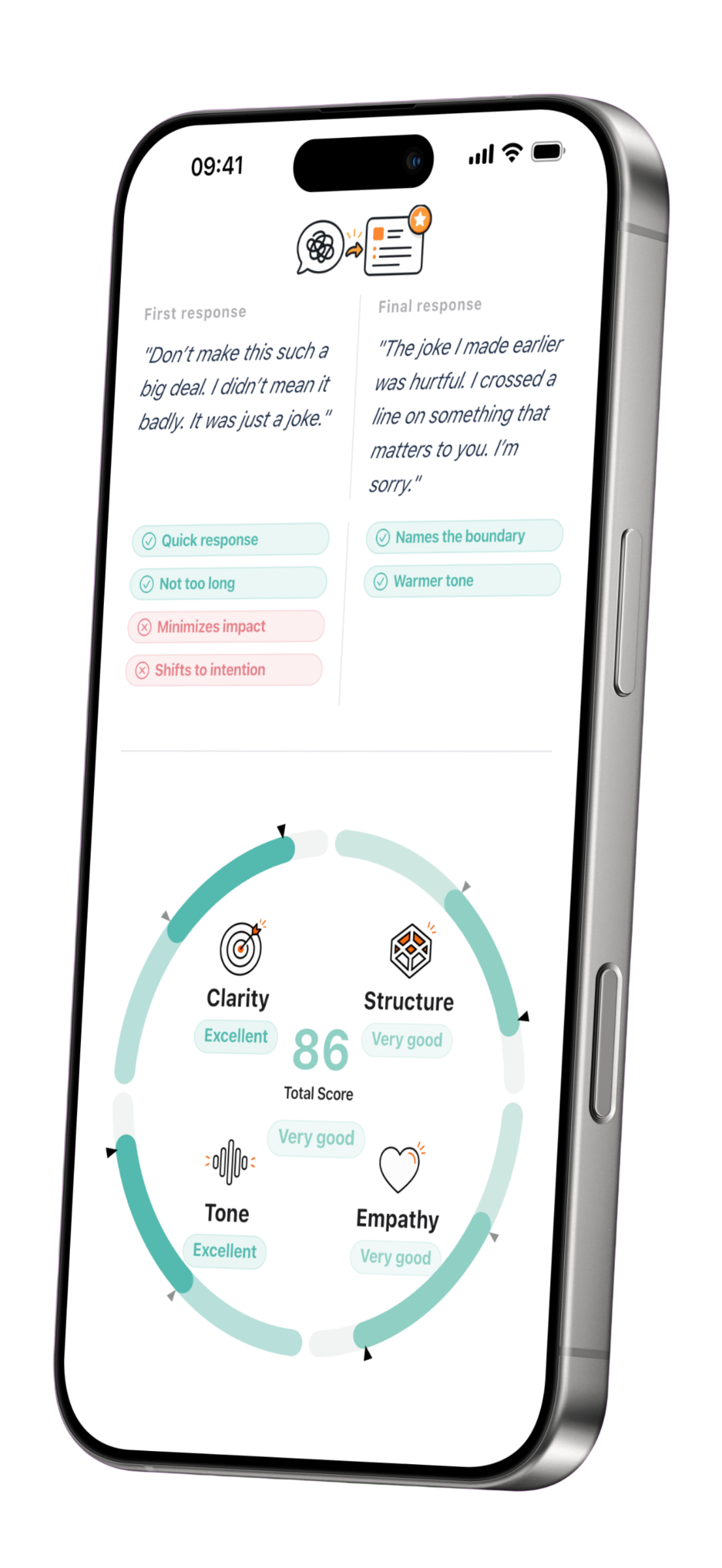 Clarity Coach app screenshot showing feedback phase